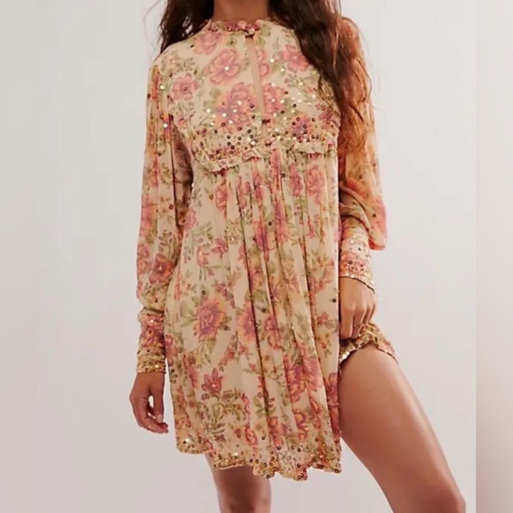 NWOT Free People Bali Golden Sun Printed Mini Dress XS Embellished